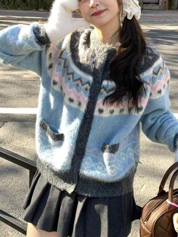 レディース ニット カーディガン 秋冬 厚手 フェアアイル柄 レトロ 北欧風 ゆったりシルエット ペティ 暖か ニットトップス 日常使い ウール調素材 リラックススタイル
