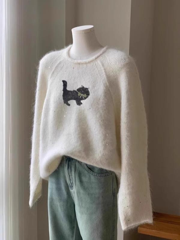 ニットセーター 女性用 白 猫柄 カシミア 羊毛 秋冬 トップス ソフト リラックス スタイル ゆったり シルエット 万能 合わせ 上品 普段使い 軽量 暖か