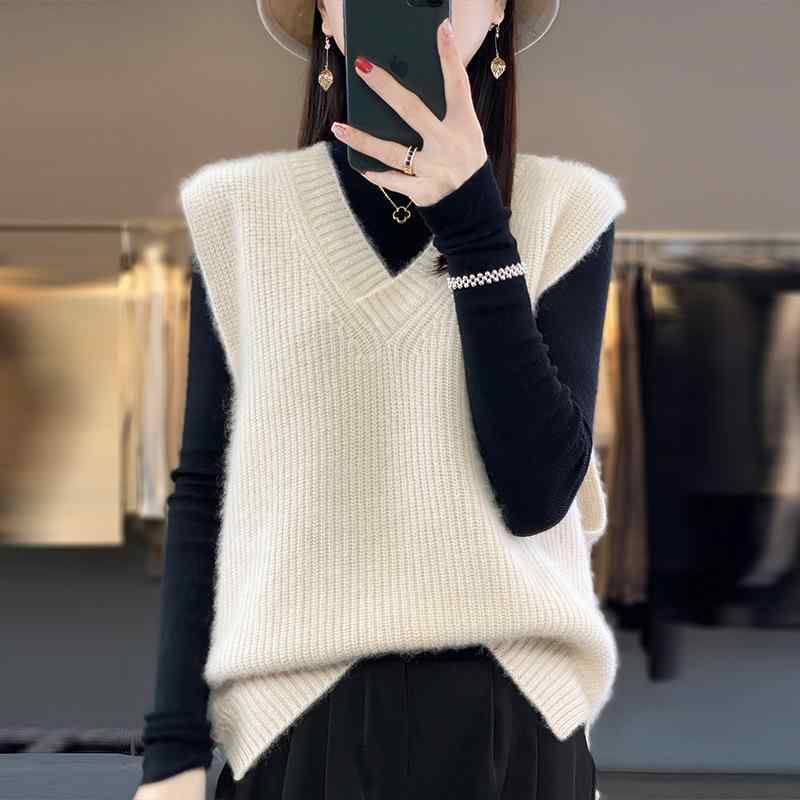 レディース ニットベスト 秋冬 Vネック 無袖 プルオーバー 羊毛 ゆったり ラフスタイル トップス セーター 暖かみ ルーズフィット 編み込み インナー｜バランスケア　店