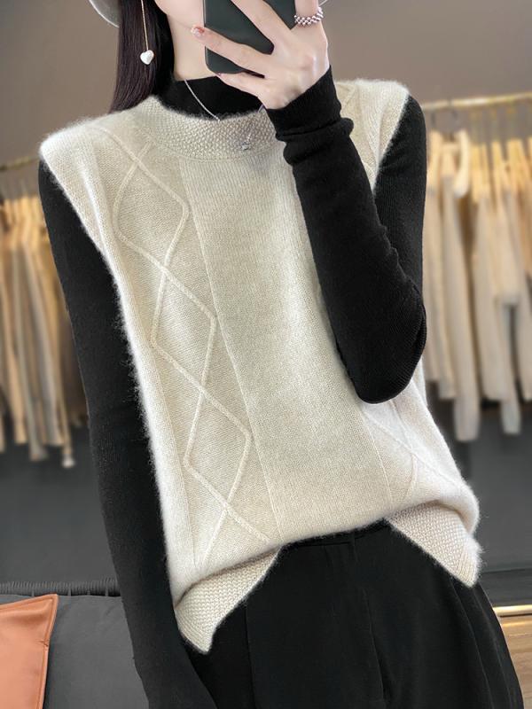 レディース 秋冬 ノースリーブ ニット ベスト 羊毛 カシミア 丸首 プルオーバー 暖か インナー レイヤード トップス 無地 ベーシック