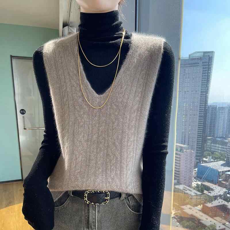女性用 ニットベスト ゆったり カシミア ケーブル編み Vネック 無地 ポケット 秋冬 暖か 柔らかい 普段使い 軽量｜バランスケア　店
