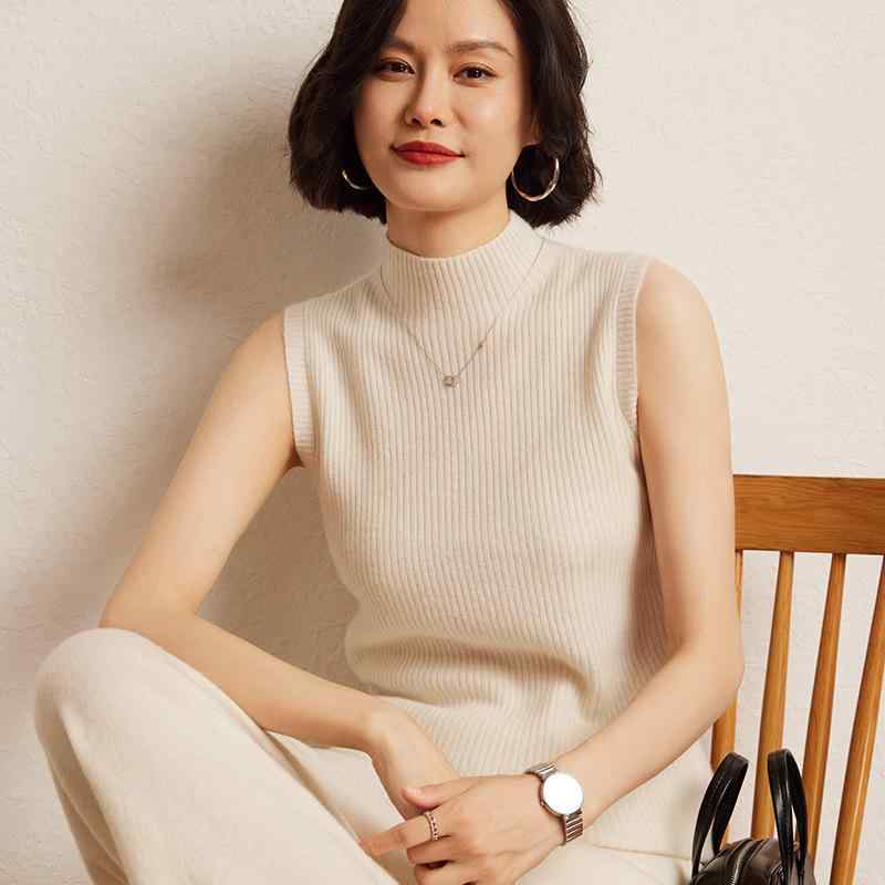 レディース ニット ベスト ハーフハイネック カシミアウール ノースリーブ インナー 秋冬 ケーブル編み 暖か 柔らかい レイヤード トップス