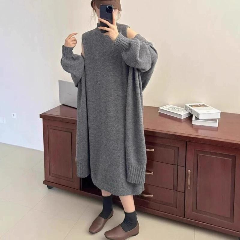 秋冬 レディース ニット ワンピース カーディガン セット ゆったり ロング丈 厚手 リラックス スタイル 上品 カジュアル 暖かみ セーター アウター 普段使い ルーズ シルエット