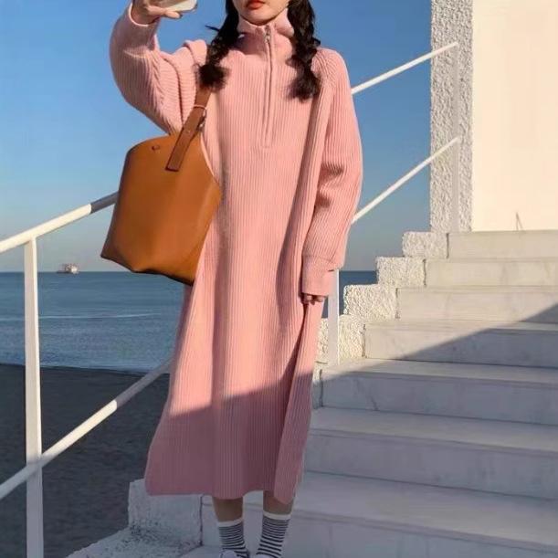 レディース 秋冬 ニットワンピース ゆったり ルーズ 厚手 暖か スタンドカラー ジッパー 中長丈 韓国風 レイヤード インナー トップス 柔らかい ニット生地
