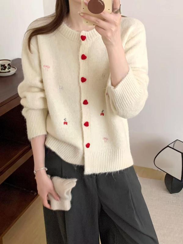ジレー 成人女性用 可愛らしい 桜んぼう刺しゅう ハート形名取り草 パステル色の編み物 ゆったり影ぼうし 愛想のいい 秋冬 トップス アウター 軽さ 伸縮性
