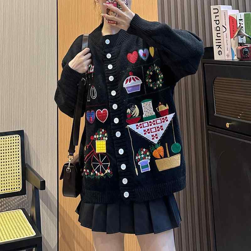 レディース 編み物 ジレー 刺しゅう 韓国 可愛らしい  朦々たる 佇まい 秋冬 アウター 生あたたかい スウェーター トップス 長袖