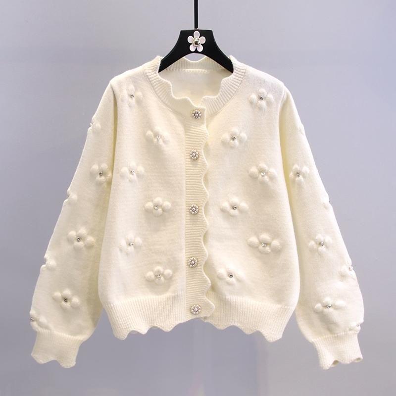 レディース ニットカーディガン 秋冬 学院風 小花柄 ビーズ刺繍 かわいい 編み込み ロング丈 軽量 柔らかい 普段使い 通勤 トップス インナー レイヤード