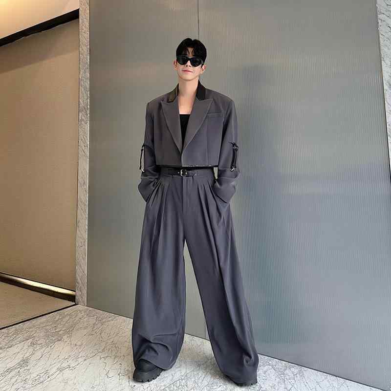 レディース カジュアル スーツ セット ショート丈 ジャケット ワイドレッグ パンツ ドレープ 革 切り替え コントラストカラー ツートン 普段使い コーディネート｜バランスケア　店