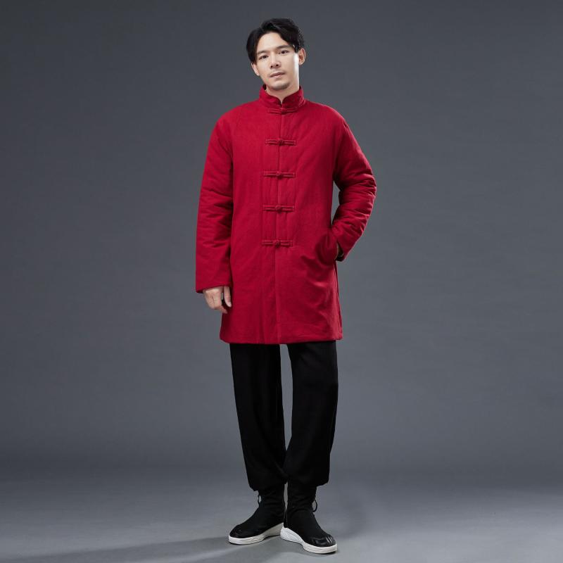 厚地の外套 メンズ 秋冬 中長丈 綿入れ 中国風 照明ランプ色つや 手作りフロッグボタン 生あたたかい 綿原材料 通い 普段使い走り 軽さ 保温性