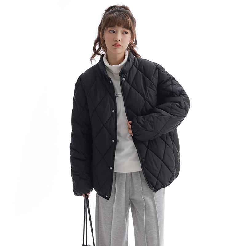 レディース 冬用 ショート丈 ルーズ 厚手 スタンドカラー コットン ジャケット 菱形格子柄 暖か カジュアル アウター 通勤 普段使い