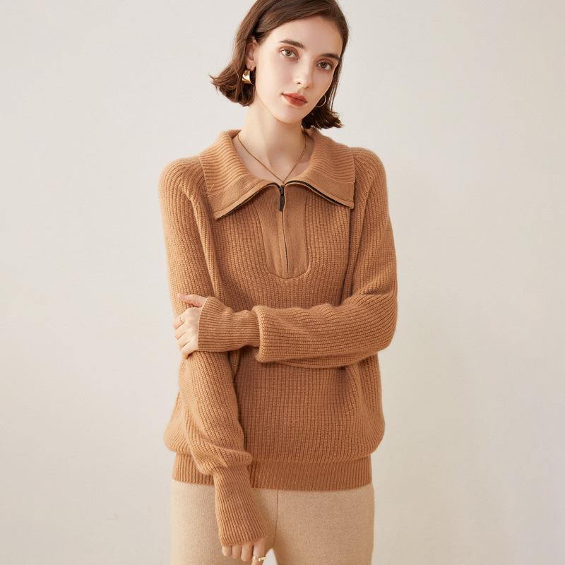 レディース 秋冬 ニットセーター ゆったり 厚手 カシミア シンプル 単色 リブ ジッパー プルオーバー スリムシルエット 暖か 柔らか素材 カジュアル 普段使い