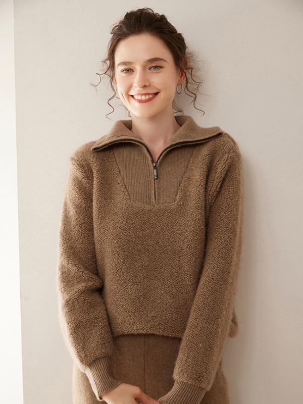 秋冬 レディース カシミヤ ニット 長袖 ハーフジップ インナートップス ゆったり 保温性 レイヤード 柔らか 肌触り 暖か 普段使い