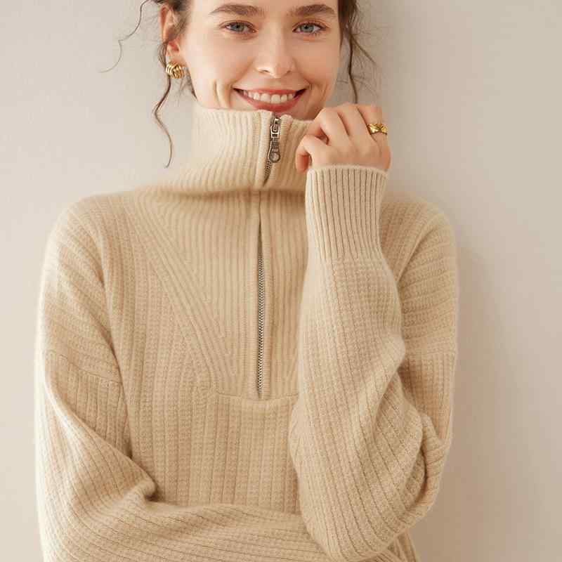 カシミヤセーター レディース 厚手 ゆったり ジップアップ スタンドカラー シンプル 無地 リブ編み 秋冬 カジュアル ニット トップス 羊毛 暖か 日常使い