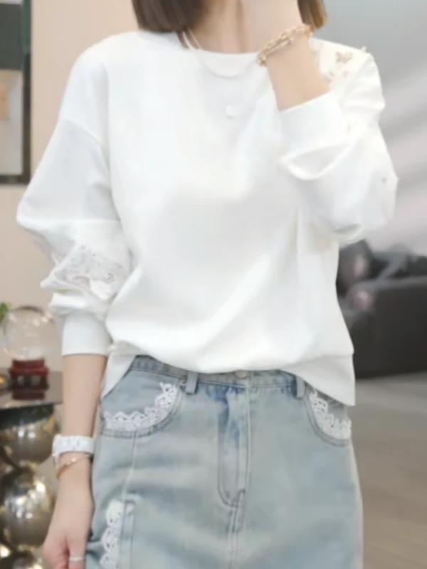 Tシャツ レディース 長袖 白 レース 切り替え 丸首 プルオーバー 春夏 デザイン スタイリッシュ エレガント ファッション カジュアル 普段使い