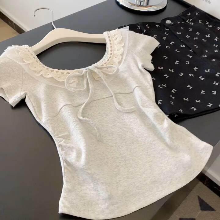 トップス レディース 短袖 Tシャツ レース 切り替え ホワイト スリムフィット かわいい デザイン 合わせやすい インナー 軽量 伸縮性