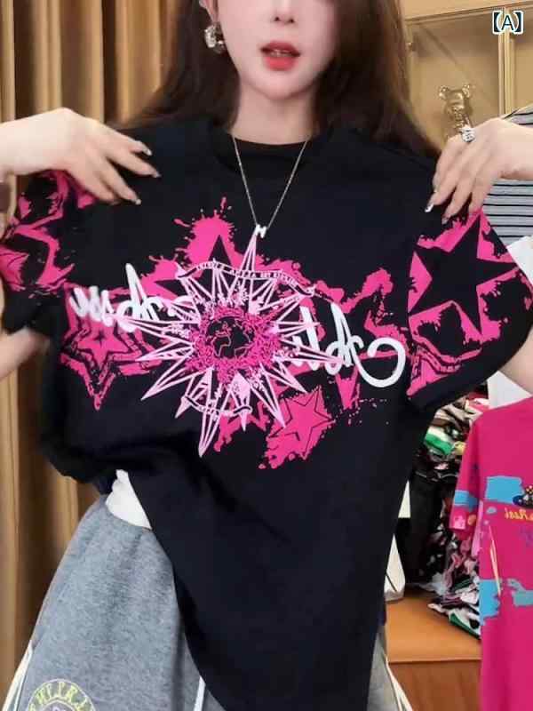 レディース トップス かわいい の 品物 重厚の 高級 プリント Tシャツ レディース 半袖 2025 春夏の 黒の 位置づけの 花の 万能の トップ