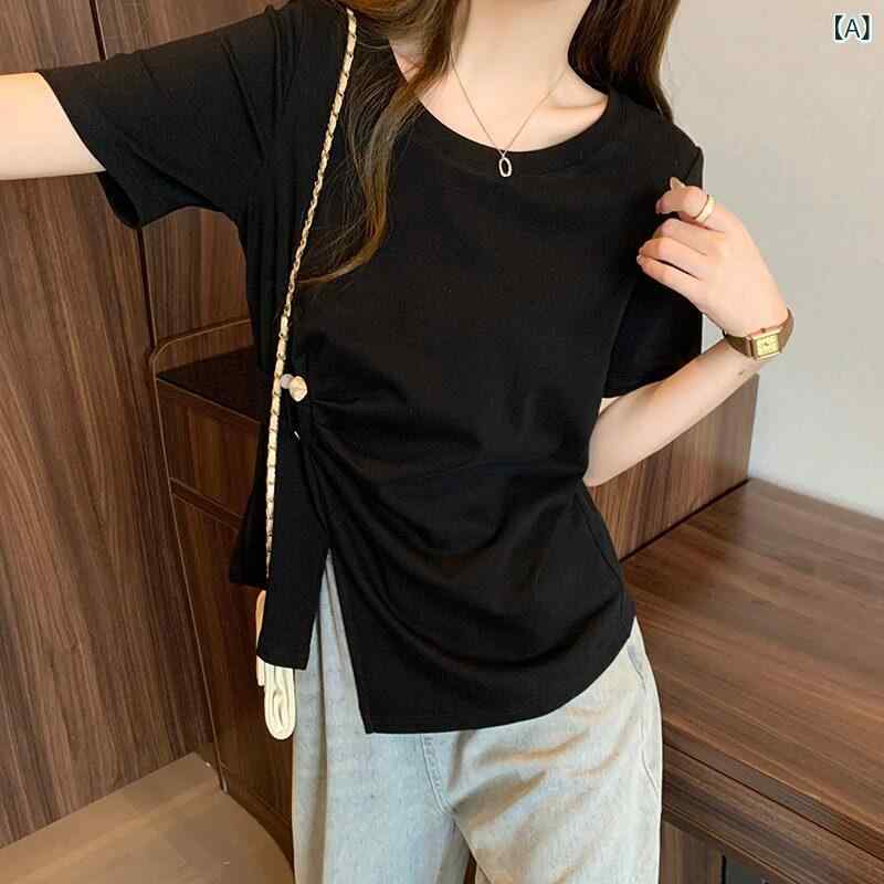 レディース トップス かわいい センスが 独特な 不規則な ストレート ショルダー 半袖 Tシャツ レディース 夏型 やや 太め mm 大きいサイズ 体型カバー スリムトップス