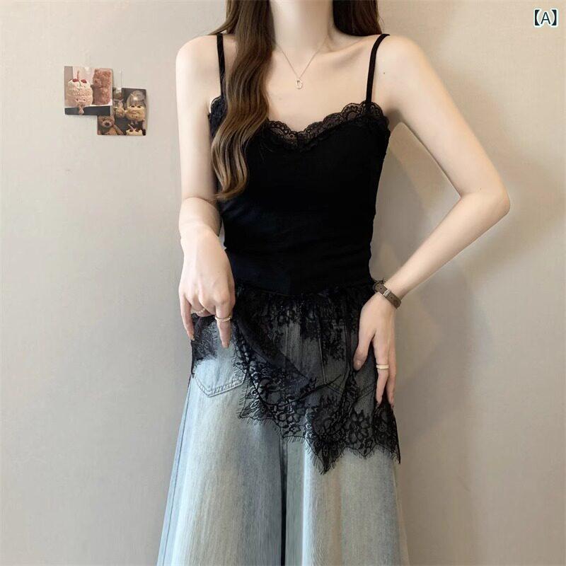 レディース トップス  黒の スピード競技の スプライシング キャミソール 限りない 亭主もち用 春と 夏 か細い相応う 胸 パッド 付き添い人 肌付きお召しもの 並み並みと ロング 御居処 引き幕 下つ方とっ始め レディース-インナーキャミソール