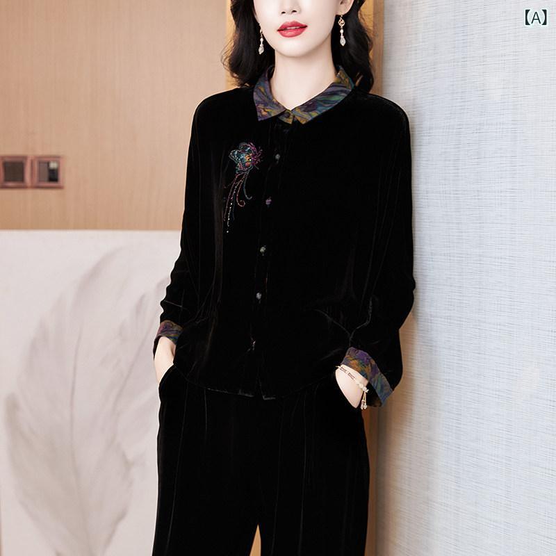 レディース トップス 杭 州 高級 シルク シャツ レディース ゴールド ベルベット 刺繍 長袖 高貴な 女性 桑 シルク トップ 秋