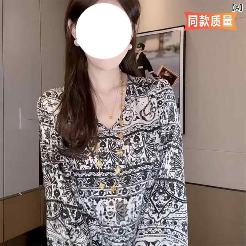 レディース トップス フレンチ Vネック シルクシフォン シャツ レディース 長袖 春秋 ゆったり マルベリー シルクプリント トップス おしゃれ スモール