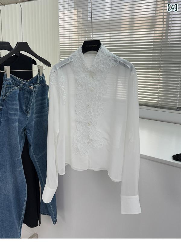 レディース トップス 洋服と キッチンは 必須です 工場 品質の 商品 厚手 シルク 水溶性 レース 刺繍 メッシュ スプライシング シャツ 女性用|バランスケア 店