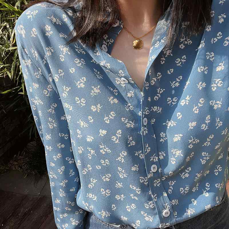 レディース トップス Tシャツ フランスの ロマンチックな レトロ 小さい 花柄の 文学的な さわやか ストレート 通勤用 長袖 マルベリー シルク シャツ