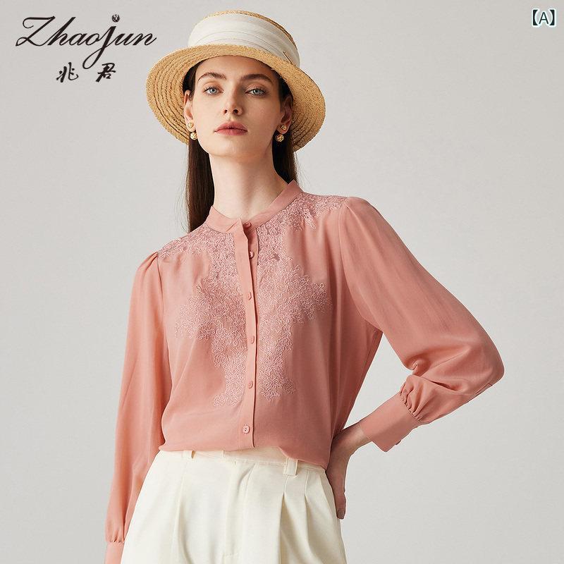 レディース トップス Tシャツ Zhaojun 春夏 長袖 シャツ レディース ダブル クレープ シルクシャツ レース スプライシング トップス|バランスケア 店