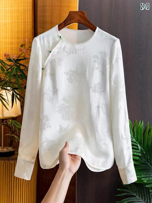 レディース トップス Tシャツ 中国 丸 首 民族 風 ジャカードシルク シャツ レディース 長袖 2025 春 桑 シルク トップ