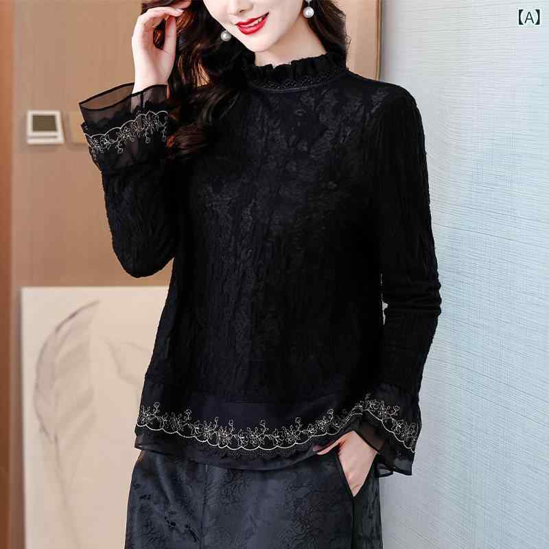 レディース トップス かわいい フレンチスタイル スタンドカラー レース トップス レディース 長袖 Tシャツ ボトムス ブラウス 春秋冬 ママ インナー ブラック 刺繍