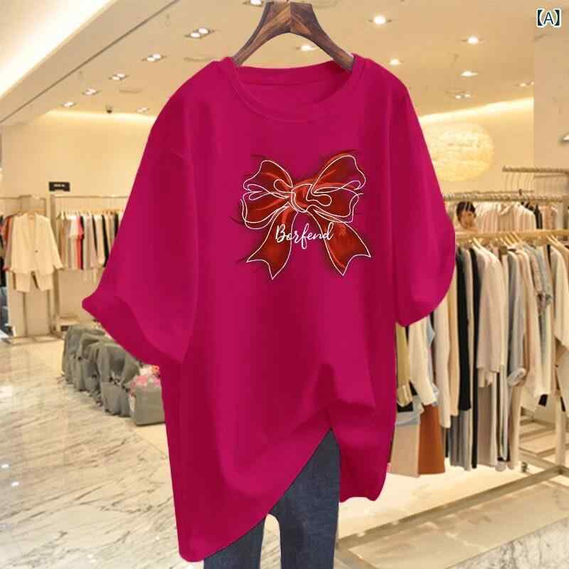 レディース トップス かわいい 夏服 太め MM 特大 サイズ 300 斤中長 綿 半袖 Tシャツ 女性 欧米 品 ゆったり リボン トップス
