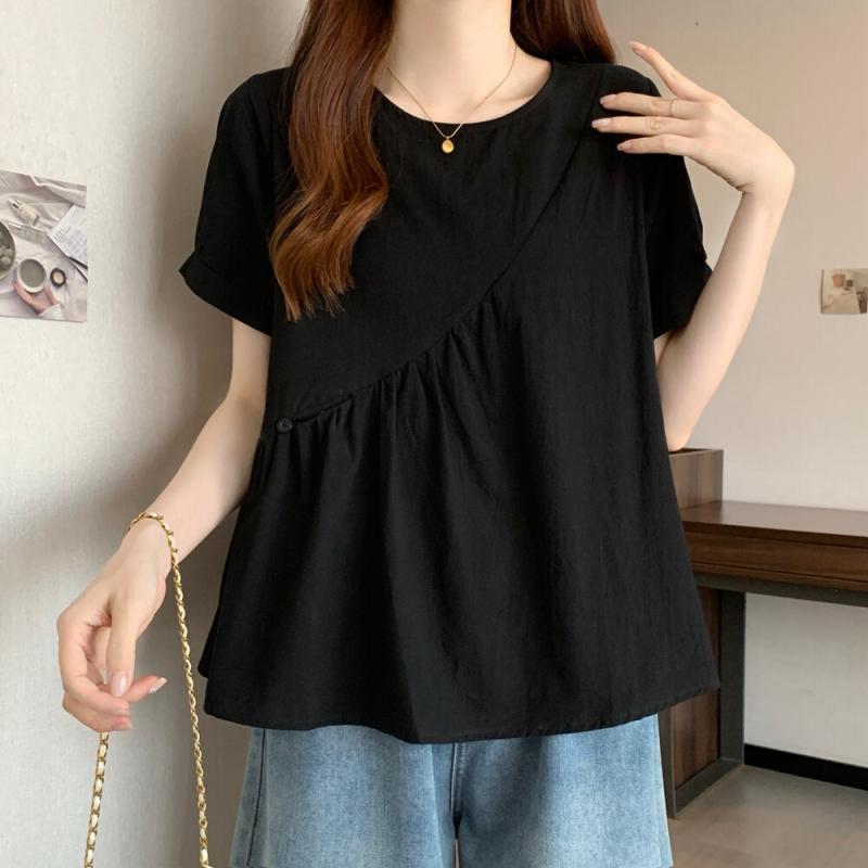 Tシャツ レディース 黒 綿麻 短袖 夏 ゆったり 大きめ 腹隠し デザイン カジュアル 普段使い 通気性 良い 吸湿 速乾