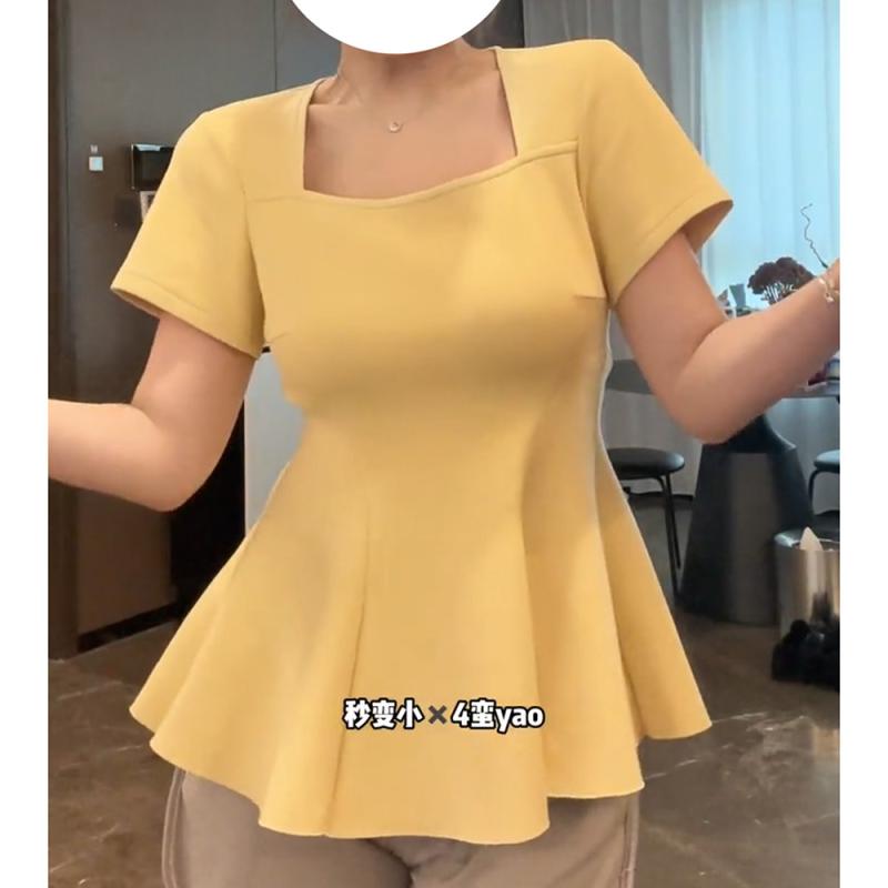 トップス レディース 夏用 ビッグサイズ ゆったり 短袖 スクエアネック アシンメトリー デザイン スリム効果 エレガント シャツ