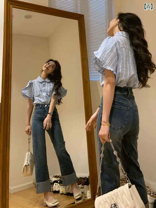 レディース トップス かわいい 太った mm 300ポンド 大きいサイズ 木 耳 縁 チェック 柄 半袖 シャツ 女性 夏 ゆったり フライング スリーブ 年齢を 減らす トップス