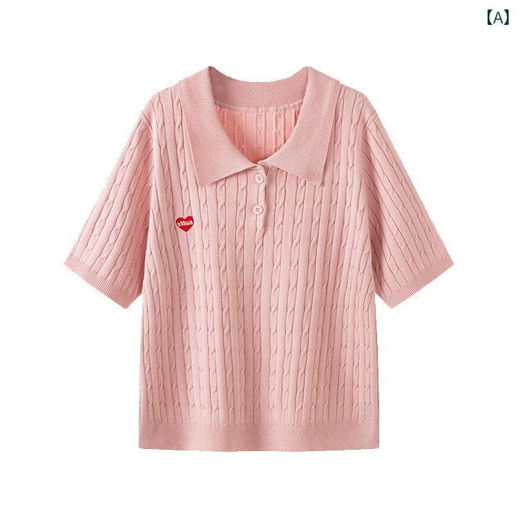 レディース トップス かわいい ピンクの ポロ 襟 刺繍 半袖 Tシャツ レディース 夏 大きいサイズ 300 斤 ツイスト ニット セーター