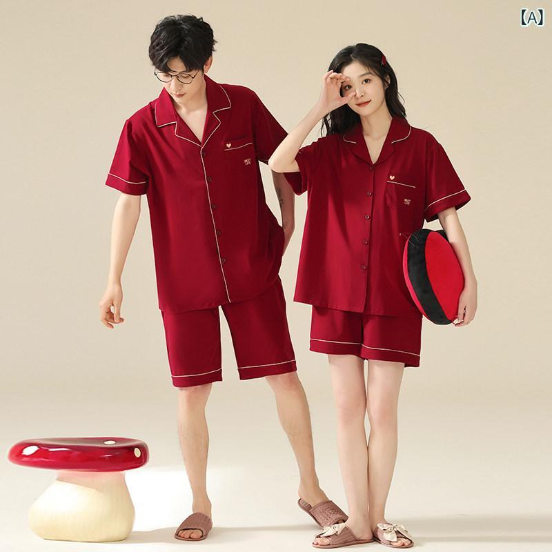 パジャマ メンズ レディース 夏用 短袖 赤 新婚好一対 仕掛ける 純綿 原料品 お部屋お召しもの お部屋着 好いたらしい 寝巻き