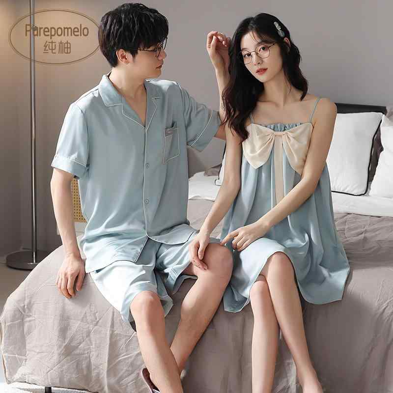 パジャマ カップル メンズ レディース 夏用 接触冷感 短袖 薄手 セット 吊り帯 スリップドレス かわいい スタイル 再生繊維 ルームウェア 軽量 吸湿速乾 ホームウェア｜バランスケア　店
