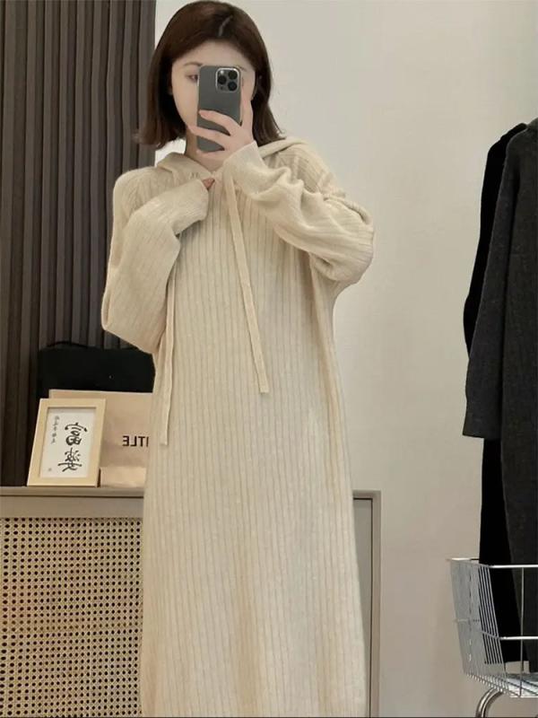 レディース 秋冬 ロング丈 ニット ワンピース フード付き ゆったり セーター スカート 暖かみ レイヤード インナー スタイル 柔らかい 素材 日常使い