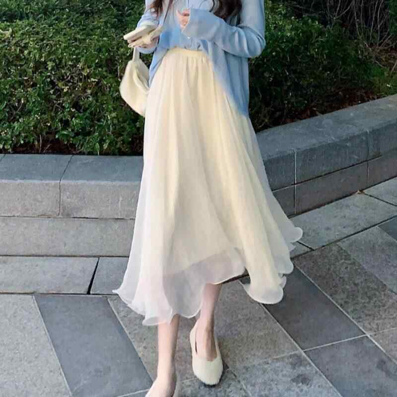 スカート レディース 夏 高腰 Aライン 中長丈 シルク フレア エレガント フェミニン 軽やか 涼感 スタイル カジュアル 普段使い