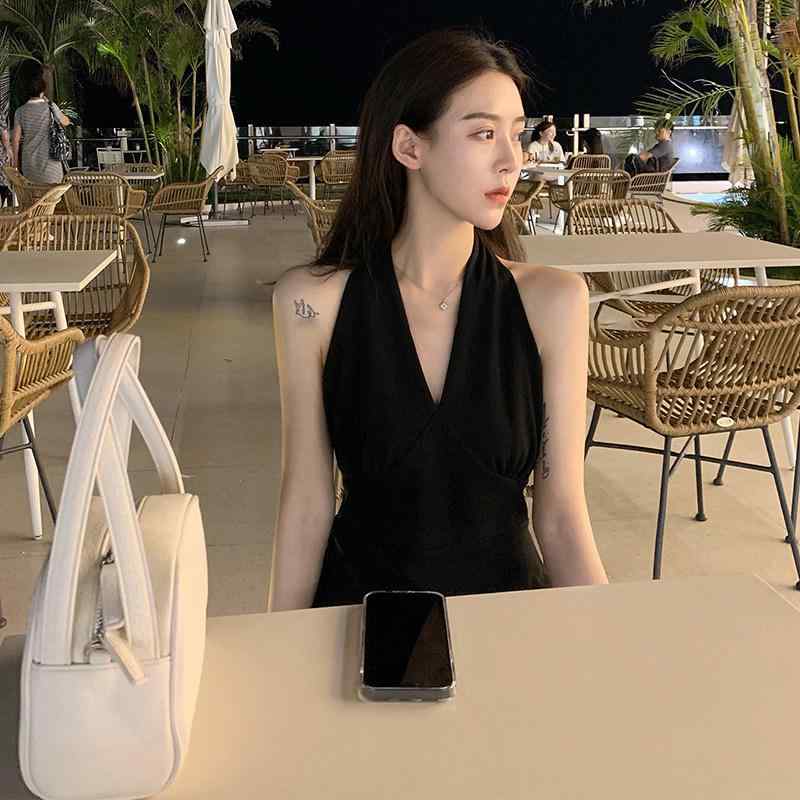 ワンピース レディース ブラック ハルターネック 背中開き フレンチスタイル 夏 ビーチドレス リゾートウェア 海辺 度假 旅行 コーディネート 軽やか フェミニン|バランスケア 店