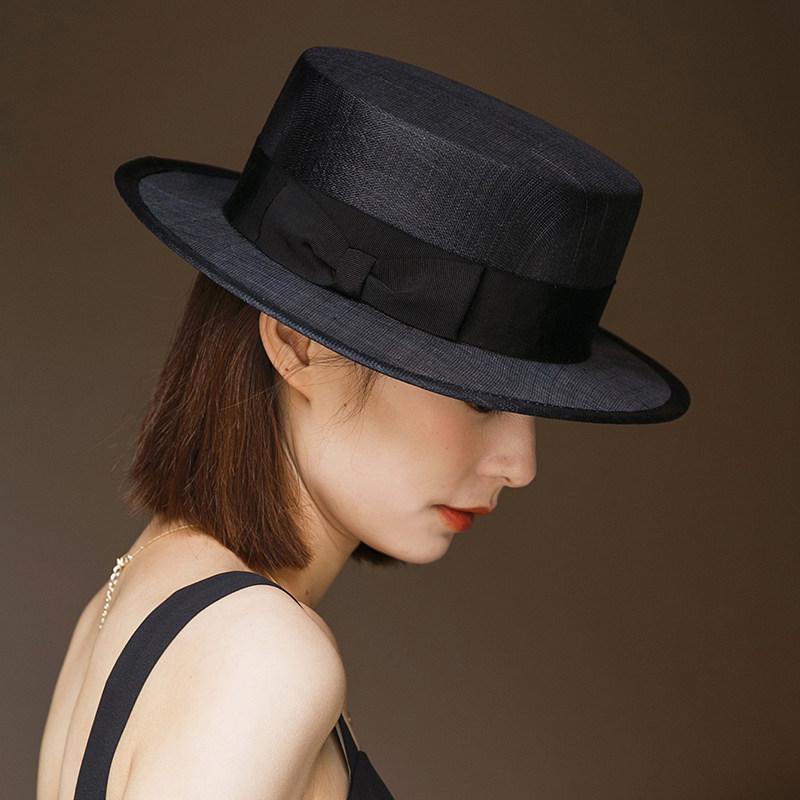 麦わら帽子 女性用 夏 黒 フレンチレトロ 平頂 平縁 UVカット 日よけ 麻素材 軽量 ファッション ハット 遮陽 復古スタイル ガーゼ加工 通勤 普段使い アウトドア