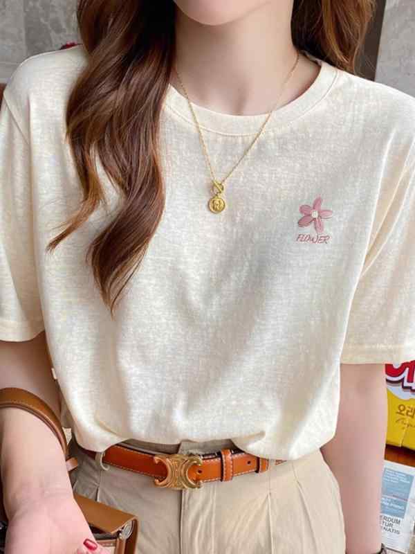 Tシャツ レディース 短袖 ミルクイエロー 夏 ゆったり プリント柄 デザイン トップス インナー 吸湿速乾 軽量 普段使い かわいい ファッション