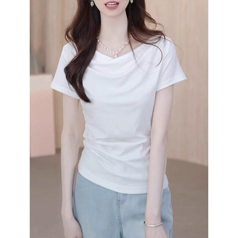Tシャツ レディース Vネック ホワイト 短袖 夏 吸湿速乾 ウエスト シェイプ スリム シルエット スタイリッシュ コーディネート 普段使い カジュアル トップス