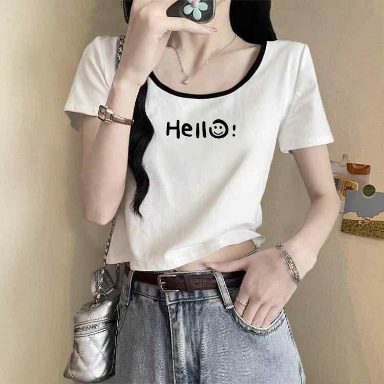レディース 短袖 Tシャツ 鎖骨見せ 低めネック 夏用 コントラストカラー ショート丈 綿100 トップス 普段使い カジュアル 伸縮性 軽量