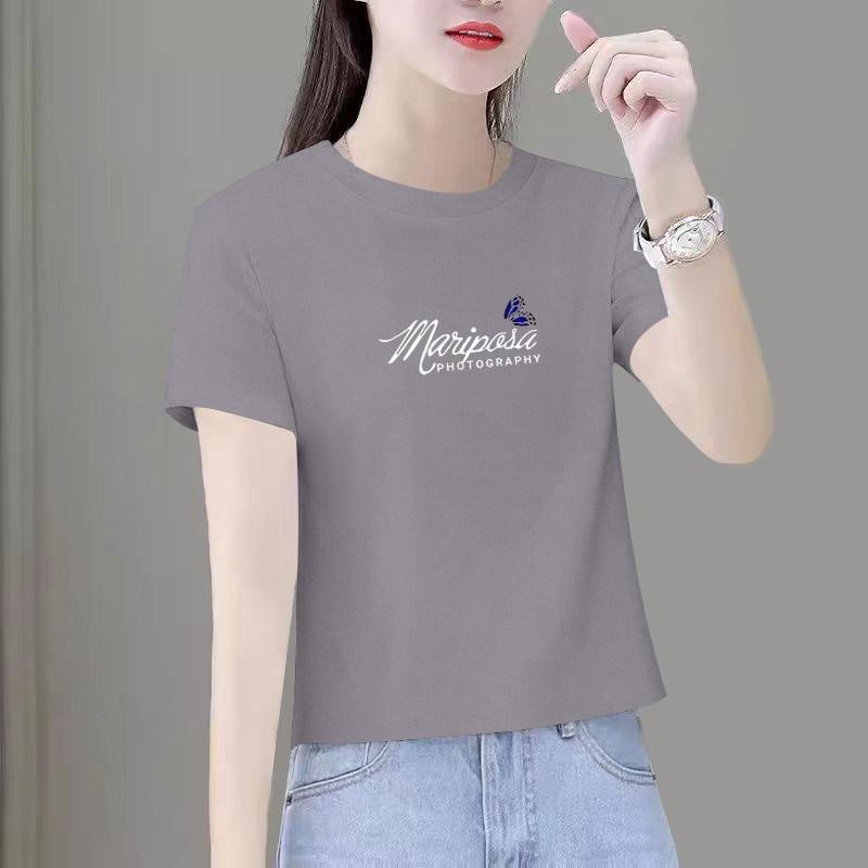 Tシャツ 女性用 グレー コットン ショート丈 半袖 夏用 小柄対応 スリムシルエット 正肩 トップス 軽量 吸湿速乾 通勤 普段使い ビッグシルエット Vネック