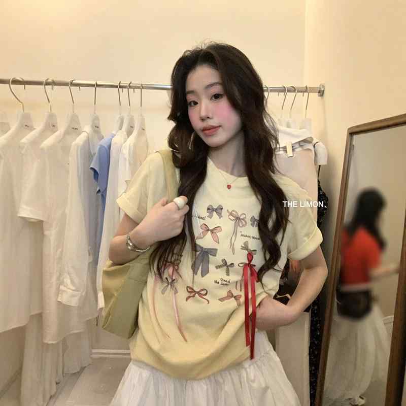 夏 レディース ゆったり 半袖 Tシャツ 丸首 蝶結び リボン ガーリー デザイン トップス ブラウス 普段使い 軽量 コットン 混 素材 肩落ちなし シルエット