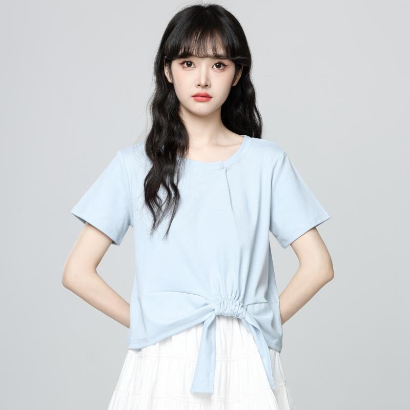 Tシャツ レディース 夏 短袖 ブルー アシンメトリー リボン 韓国風 ラウンドネック プリーツ トップス かわいい 日常使い 軽量 吸湿速乾 綿素材