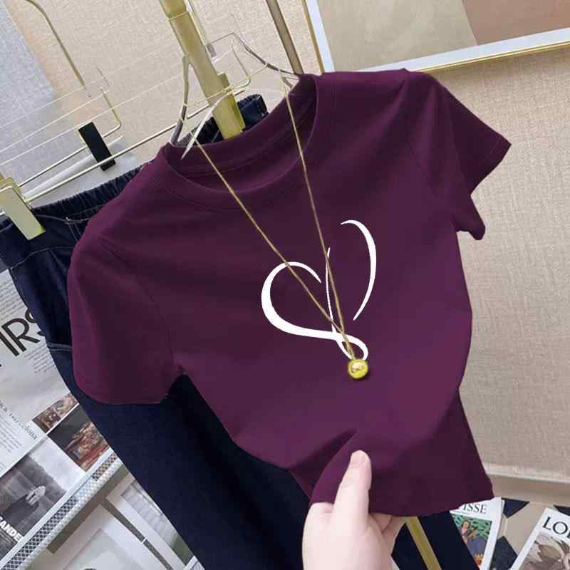Tシャツ レディース 紫 ドーパミンカラー 短め丈 短袖 かわいい ハート プリント 小柄向け スリムフィット 夏 カジュアル