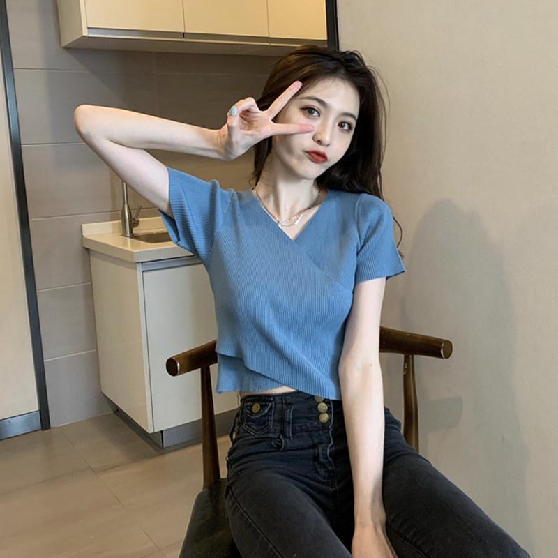 接触冷感 ニット 短袖Tシャツ レディース 夏用 吸湿速乾 上品 デザイン スリムフィット 短丈 トップス カジュアルウェア