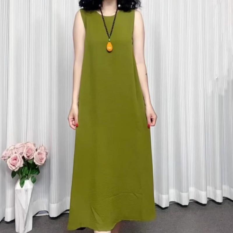 ワンピース レディース 夏 中長丈 ノースリーブ 無地 丸首 ゆったり 大きめ 腹隠し 痩せ見え カジュアル インナー用 ルーズフィット スタイルアップ 普段使い