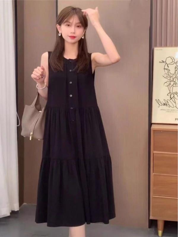 ワンピース レディース ビッグサイズ 夏用 丸首 ノースリーブ ロングドレス 黒 優しい雰囲気 高級感 ぽっちゃり対応 軽量 吸湿速乾 ストレッチ素材 通勤 普段使い